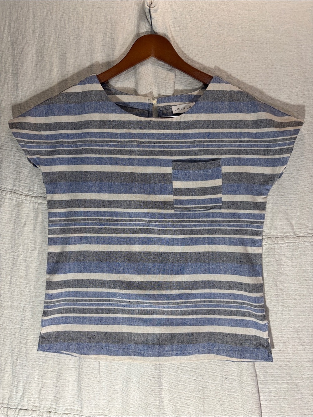 Linen Lux Coastal Striped Short Sleeve Blouse Linen Blend size M EUC